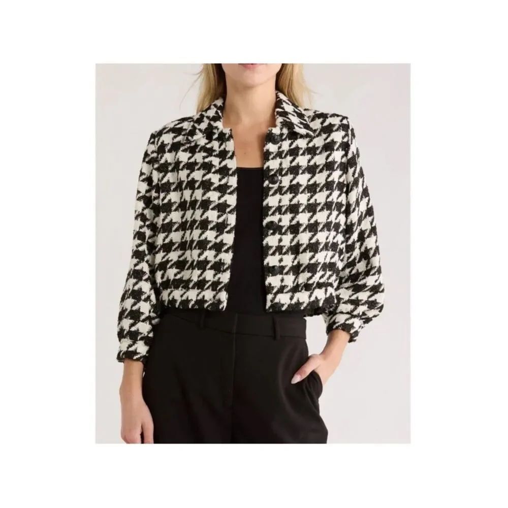 L’Agence Bridges Crop Metallic Woven Black White Houndstooth Blazer Jacket 8 NWT